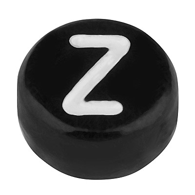 Plastic bead letter Z, round disc, 7 x 3.7 mm, black with white writing 