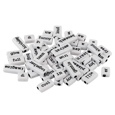 Mix of rectangular plastic beads with text imprint, white with black writing, bag with approx. 50 beads 