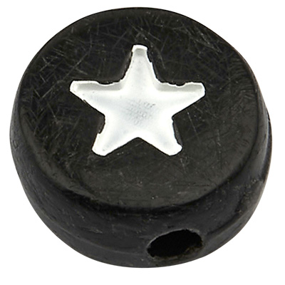 Plastic bead star, round disc,white with black symbol, 7 x 3,5 mm 