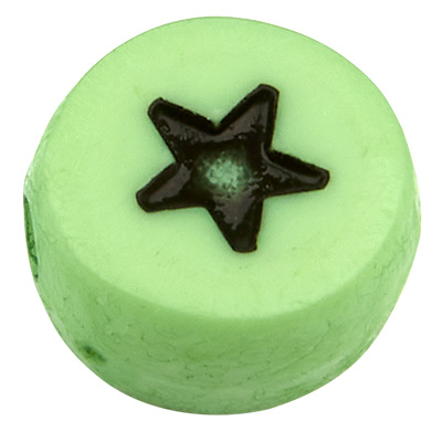 Plastic bead star, round disc,light green with black symbol, 7 x 3,5 mm 