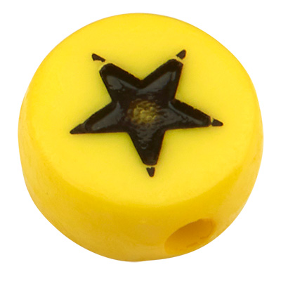 Kunststof kraal ster, ronde schijf, lichtgeel met zwart symbool, 7 x 3,5 mm 