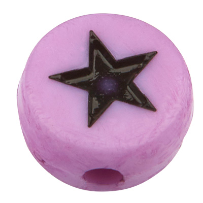 Plastic bead star, round disc,lilac with black symbol, 7 x 3,5 mm 