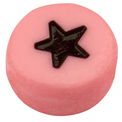 Plastic bead star, round disc,pink with black symbol, 7 x 3,5 mm 