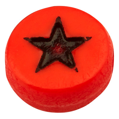 Plastic bead star, round disc,orange with black symbol, 7 x 3,5 mm 