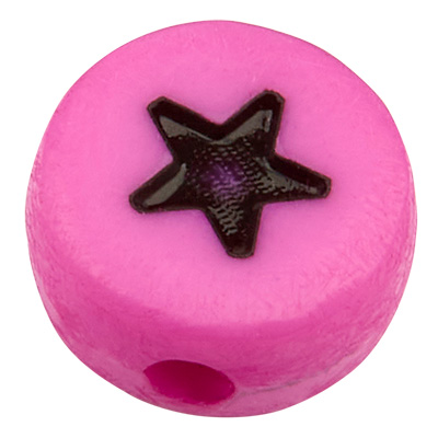 Plastic bead star, round disc,magenta with black symbol, 7 x 3,5 mm 