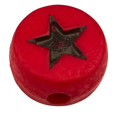 Plastic bead star, round disc,red with black symbol, 7 x 3,5 mm 