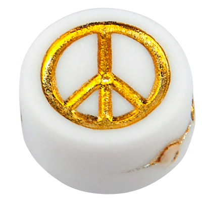 Kunststoffperle Friedenszeichen, runde Scheibe, weiß mit goldfarbenem Symbol, 7 x 4 mm, Bohrung: 1,6 mm 