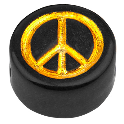 Plastic kraal vredesteken, ronde schijf, zwart met goudkleurig symbool, 7 x 4 mm, gat: 1,6 mm 