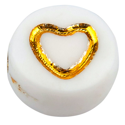 Kunststof kraal hart, ronde schijf, wit met goudkleurig symbool, 7 x 4 mm, gat: 1,5 mm 