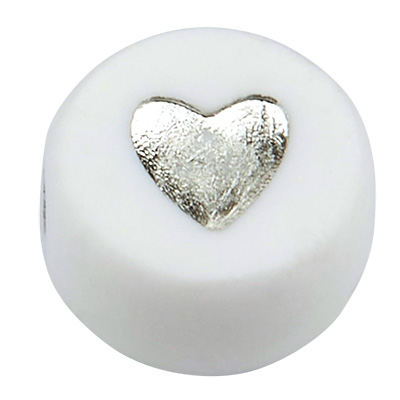 Plastic bead heart, round disc, white with silver-coloured symbol, 7 x 4 mm, hole: 1.8 mm 