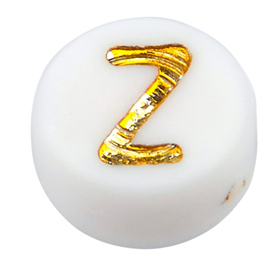 Kunststof kraal letter Z, ronde schijf, wit met goudkleurig opschrift, 7 x 3,5 mm, gat: 1,2 mm 