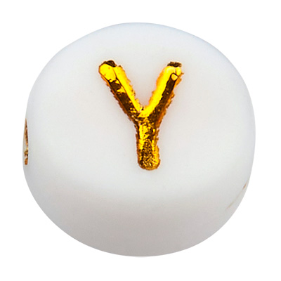 Perle plastique lettre Y, disque rond, blanc avec écriture dorée, 7 x 3,5 mm, perçage : 1,2 mm 