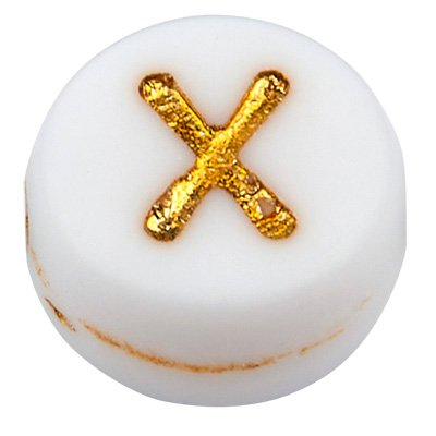 Plastic bead letter X, round disc, white with gold-coloured writing, 7 x 3.5 mm, hole: 1.2 mm 