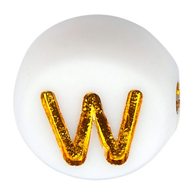 Kunststof kraal letter W, ronde schijf, wit met goudkleurig opschrift, 7 x 3,5 mm, gat: 1,2 mm 