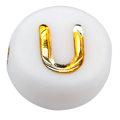 Perle plastique lettre U, disque rond, blanc avec écriture dorée, 7 x 3,5 mm, perçage : 1,2 mm 