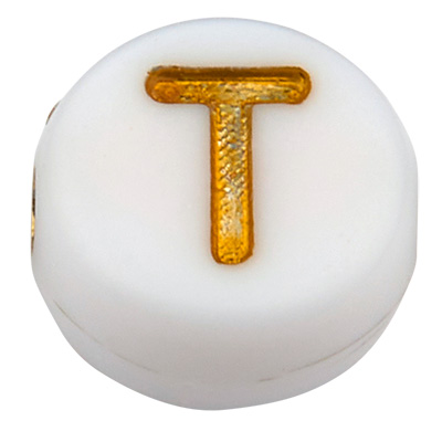 Perle plastique lettre T, disque rond, blanc avec écriture dorée, 7 x 3,5 mm, perçage : 1,2 mm 