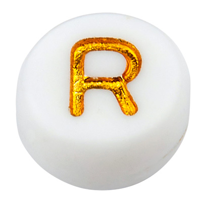 Kunststof kraal letter R, ronde schijf, wit met goudkleurig opschrift, 7 x 3,5 mm, gat: 1,2 mm 