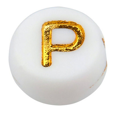 Kunststof kraal letter P, ronde schijf, wit met goudkleurig opschrift, 7 x 3,5 mm, gat: 1,2 mm 