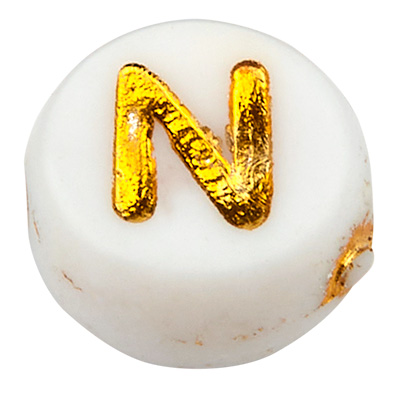 Plastic bead letter N, round disc, white with gold-coloured writing, 7 x 3.5 mm, hole: 1.2 mm 