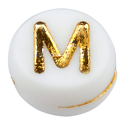 Kunststof kraal letter M, ronde schijf, wit met goudkleurig opschrift, 7 x 3,5 mm, gat: 1,2 mm 
