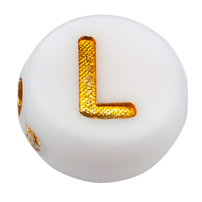 Kunststof kraal letter L, ronde schijf, wit met goudkleurig opschrift, 7 x 3,5 mm, gat: 1,2 mm 