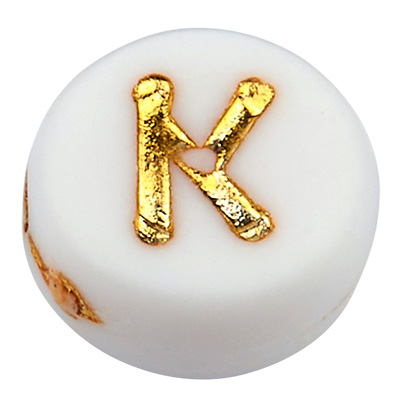 Plastic bead letter K, round disc, white with gold-coloured writing, 7 x 3.5 mm, hole: 1.2 mm 