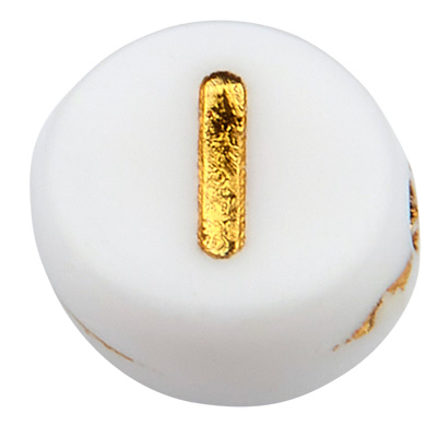 Plastic bead letter I, round disc, white with gold-coloured writing, 7 x 3.5 mm, hole: 1.2 mm 