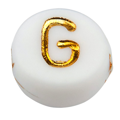 Kunststof kraal letter G, ronde schijf, wit met goudkleurig opschrift, 7 x 3,5 mm, gat: 1,2 mm 