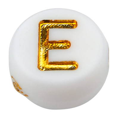 Kunststoffperle Buchstabe E, runde Scheibe, weiß mit goldfarbener Schrift, 7 x 3,5 mm, Bohrung: 1,2 mm 