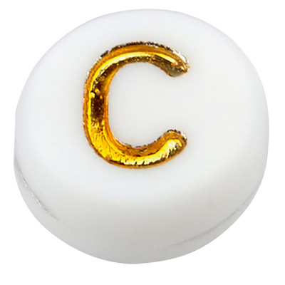 Kunststof kraal letter C, ronde schijf, wit met goudkleurig opschrift, 7 x 3,5 mm, gat: 1,2 mm 