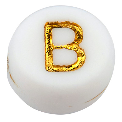 Perle plastique lettre B, disque rond, blanc avec écriture dorée, 7 x 3,5 mm, perçage : 1,2 mm 