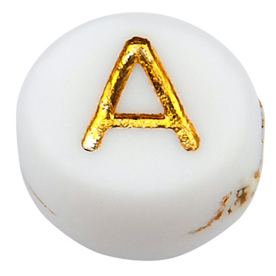 Kunststof kraal letter A, ronde schijf, wit met goudkleurig opschrift, 7 x 3,5 mm, gat: 1,2 mm 