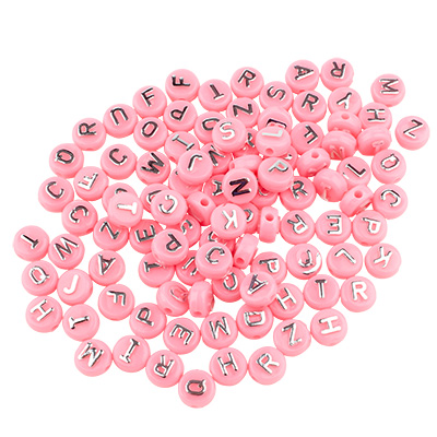 Mix plastic beads round disc with letters,pink with silver writing, 10 x 6 mm 