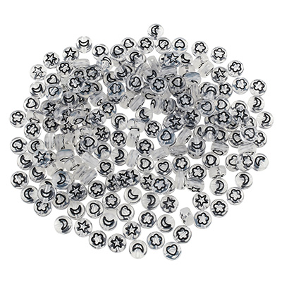 Mix de perles en plastique rond, transparent avec des symboles noirs : lune, coeur, fleur & étoile, 7 x 4 mm 