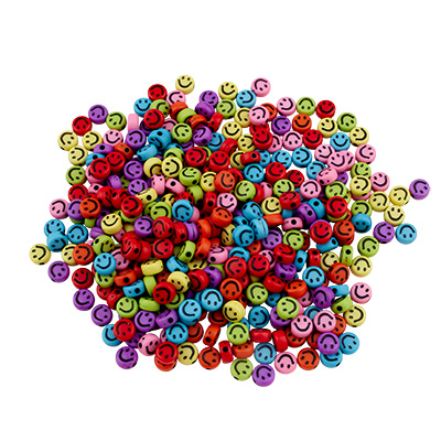 Mix plastic beads round disc smiley, coloured, 7 x 3,5 mm 