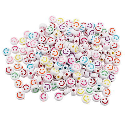 Mix plastic beads round disc smiley, coloured, 10 x 5 mm 