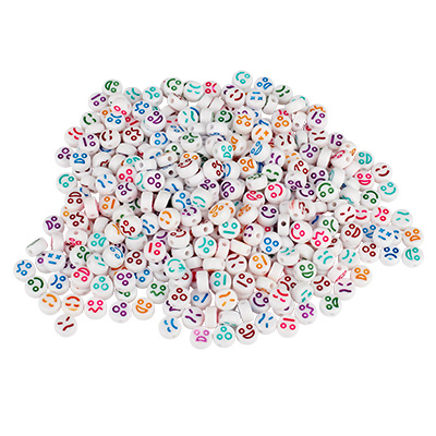 Acrylic beads, round disc, faces, white with colourful print, 7x4 mm, bag with 50 grams (approx. 389 pcs.) 