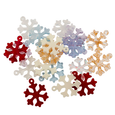 Mix de pendentifs en plastique Flocon de neige, couleurs mélangées, 19,5x14,5x1,5 mm, mix de 20 pendentifs 