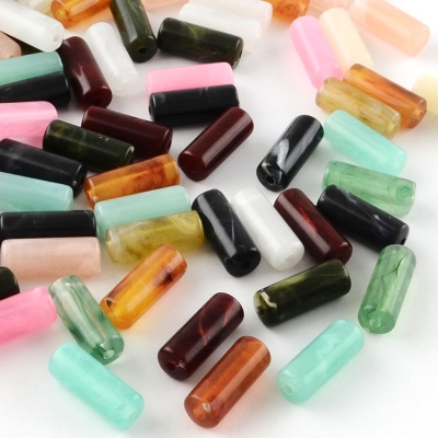 Acrylperlen Röhre, Farbmix, Effekt: Edelsteinimitat, 20 x 8 mm, Bohrung: 2 mm, 15 Perlen pro Beutel 