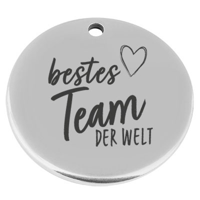 22 mm, metal pendant, round, with engraving "Best team in the world", silver-plated 