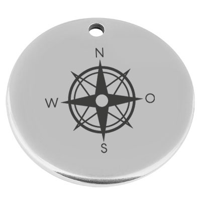 22 mm metal pendant, round, with engraving "Compass Rose", silver-plated 