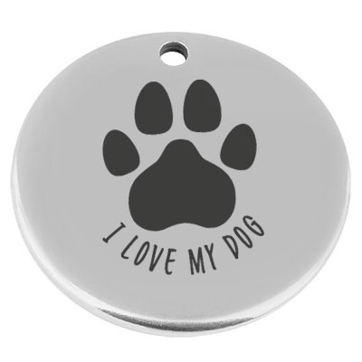 22 mm, metal pendant, round, with engraving "I love my dog", silver-plated 