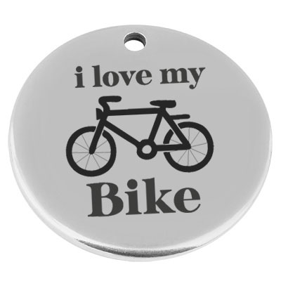 22 mm, Metallanhänger, rund, mit Gravur "I love my bike", versilbert 