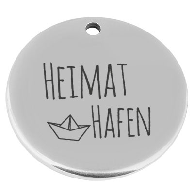 22 mm, metal pendant, round, with engraving "Heimathafen", silver-plated 