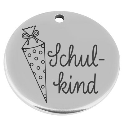 22 mm, metal pendant, round, with engraving "Schoolchild", silver-plated 