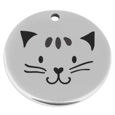 22 mm, Metallanhänger, rund, mit Gravur "Katze", versilbert 