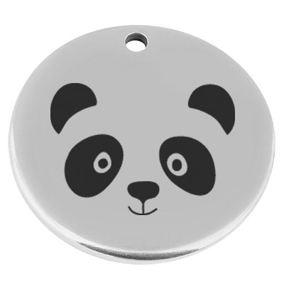 22 mm, metal pendant, round, with engraving "Panda", silver-plated 