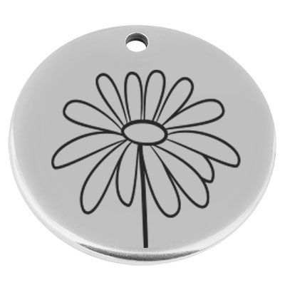 22 mm, Metallanhänger, rund, mit Gravur Geburtsblume Monat April Gänseblümchen, versilbert 