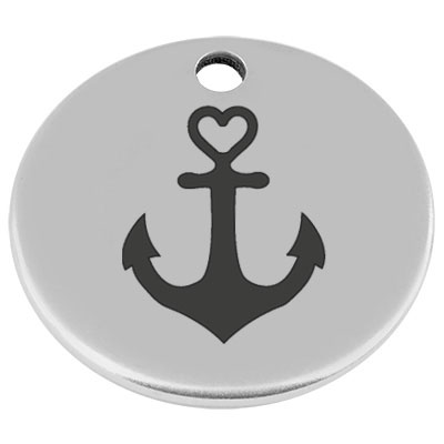 25 mm, metal pendant, round, with engraving "Anchor", silver-plated 