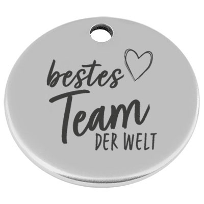 25 mm, metal pendant, round, with engraving "Best team in the world", silver-plated 